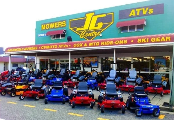 Ride-on mowers lined up outside JG Centre, Peel Street Mackay